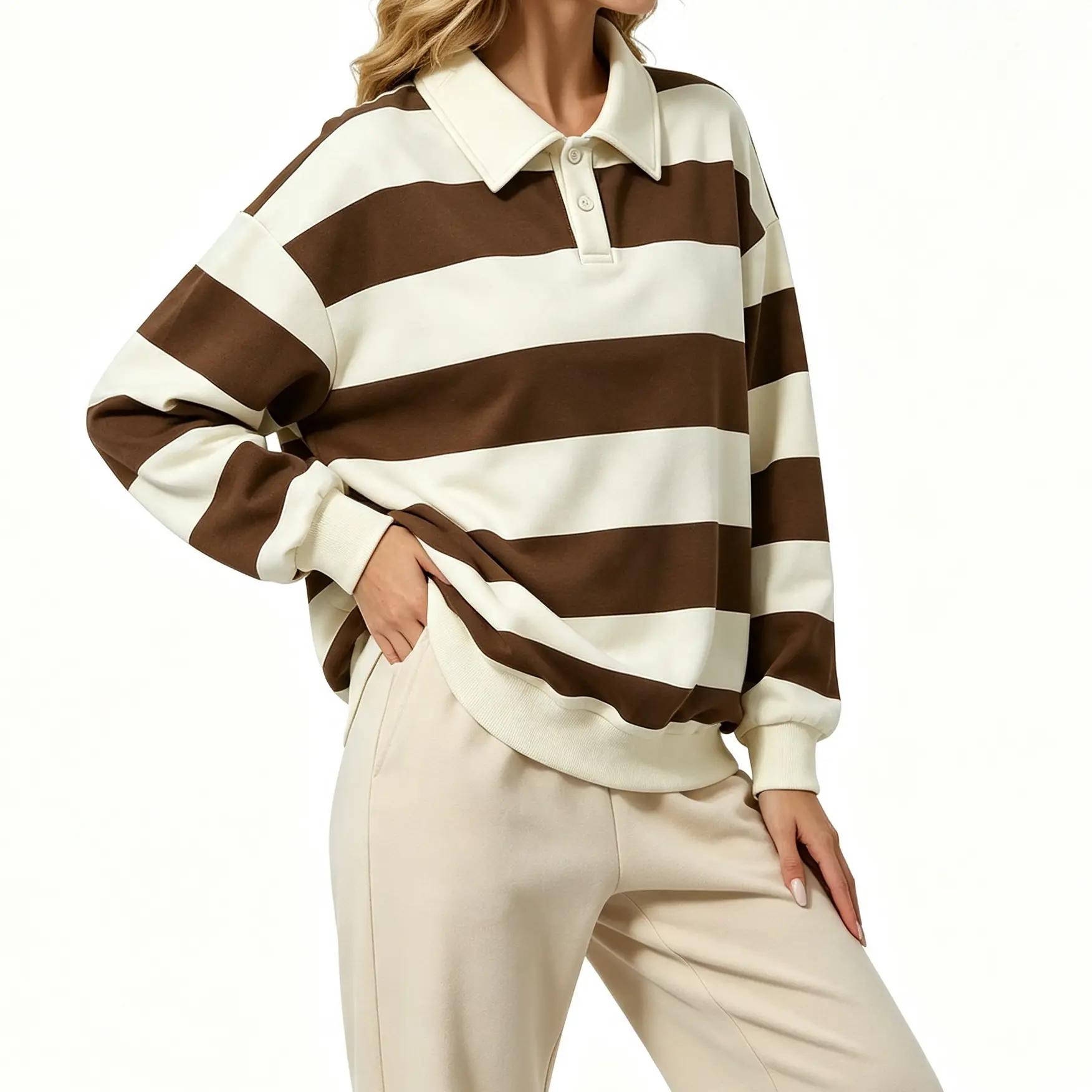 Women’s Fall New Arrival Striped Polo Sweatshirt