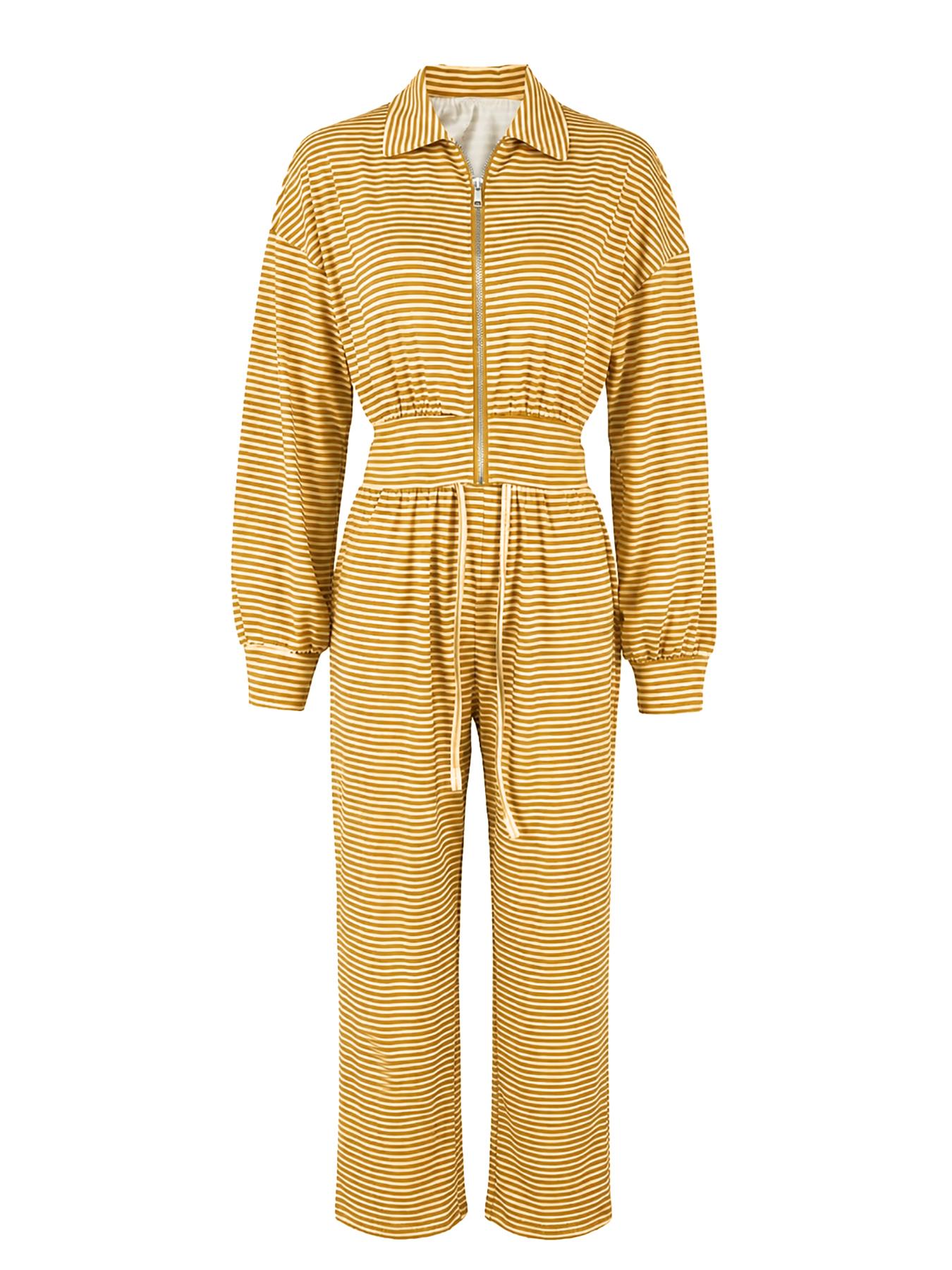 Women’s Autumn Two-Piece Set – Striped Zip-Up Stand-Collar Cardigan & Wide-Leg Trousers