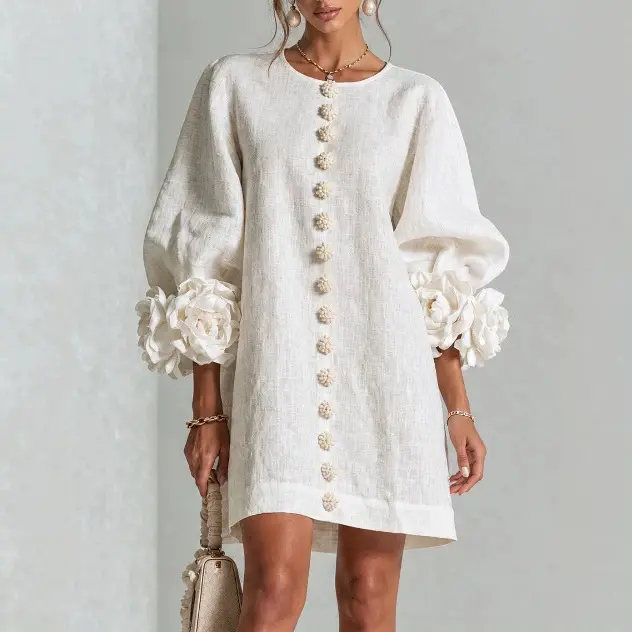 Plus Size Tall Women's Elegant Floral Cuff Linen Dress with Puff Sleeves