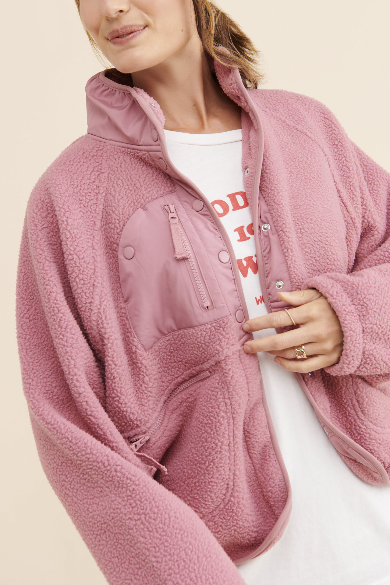 Women’s Color-Block Fleece Jacket with Stand Collar, Zipper & Snap Closure