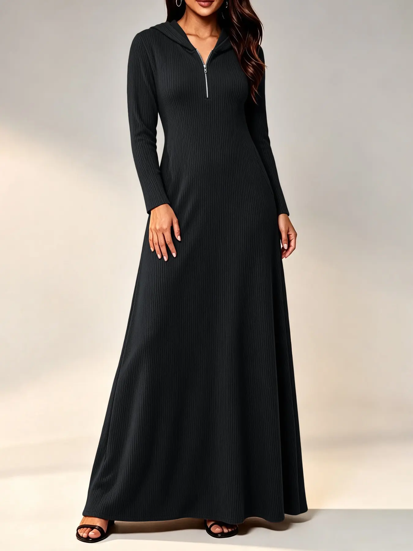 Women's Boho Half-Zip Hooded Knit A-Line Long Dress