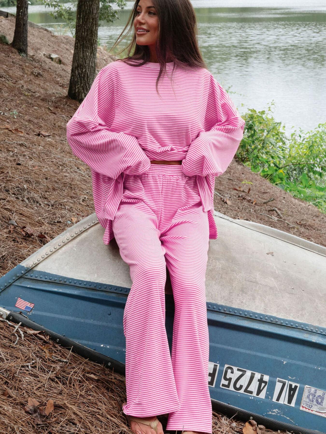 Women's Striped Set, Loose Fit Oversized, Round Neck Long Sleeve Top, Elastic Waist Straight Leg Pants, 2-Piece Comfortable Lounge Wear Pajamas Nightwear