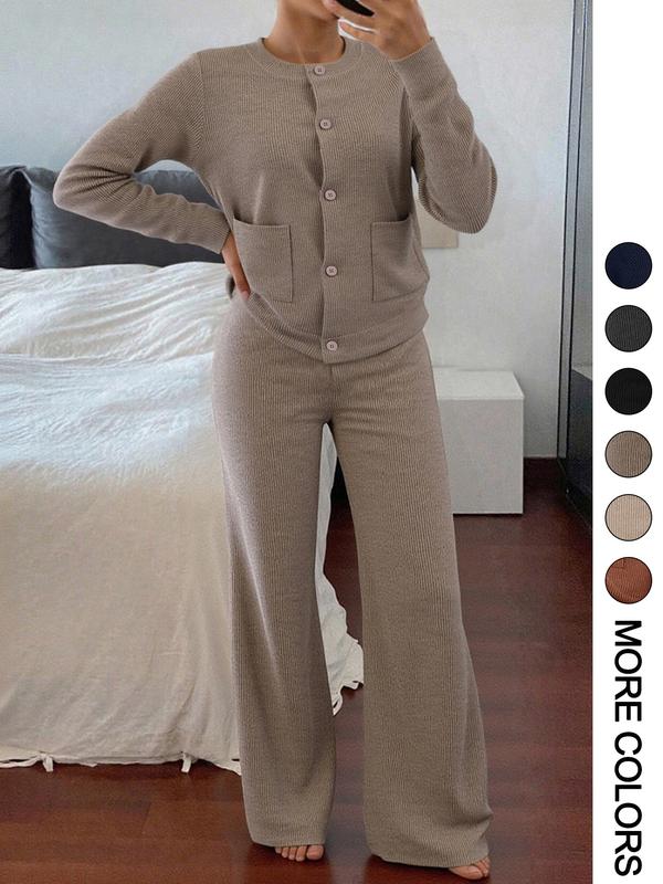 Women’s Casual Knit Two-Piece Set – Comfortable Long-Sleeve Sweater & Wide-Leg Trousers