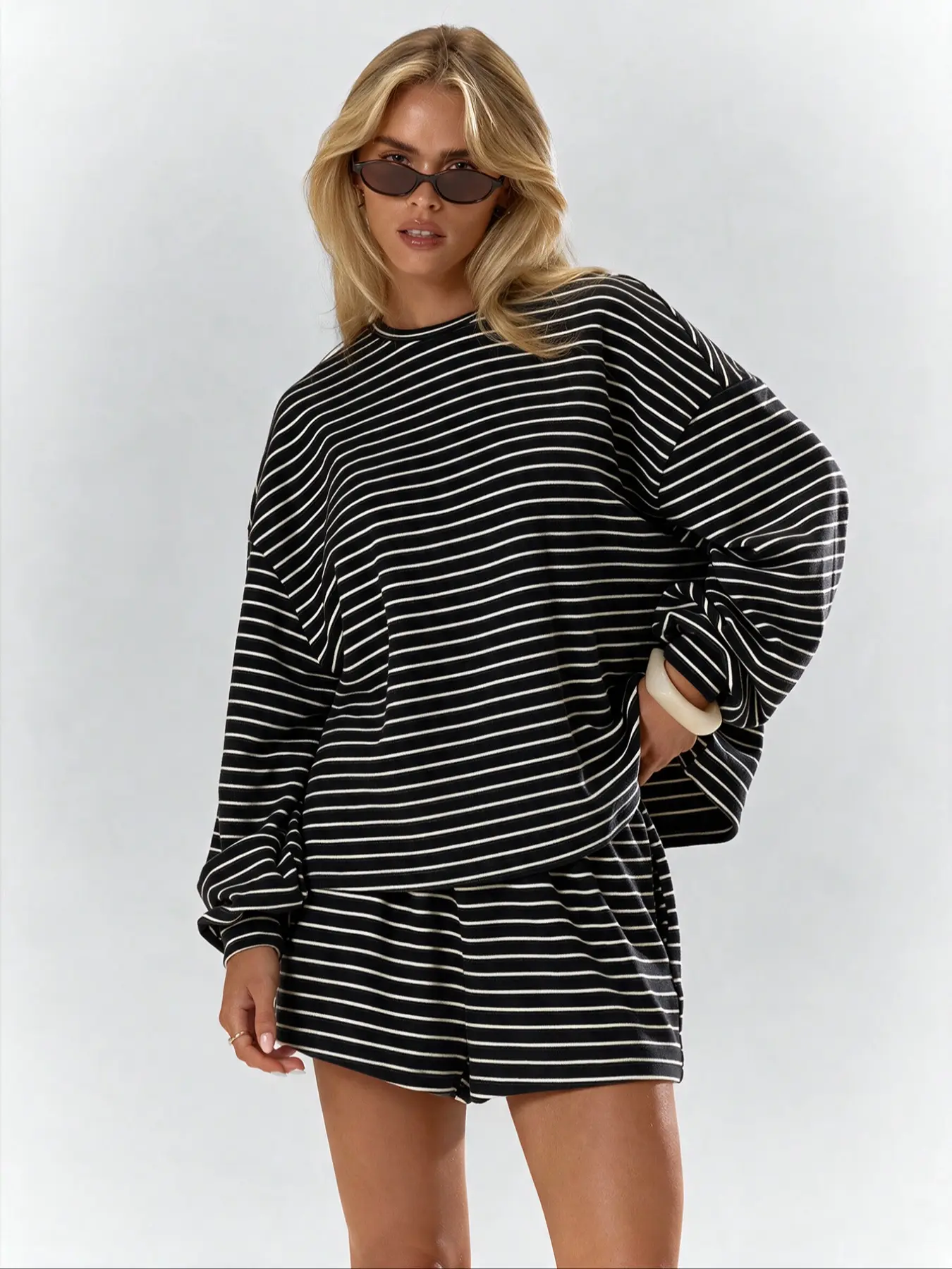 Women's Striped Lounge Set with Pocket Shorts