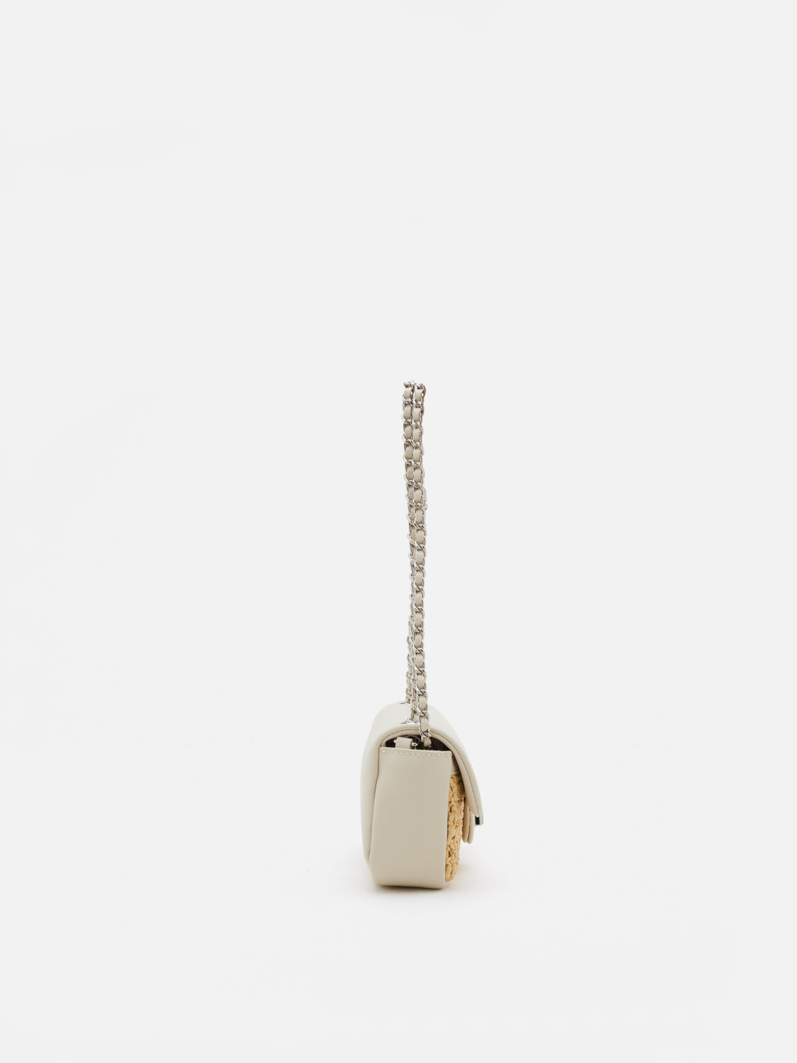 OLYRA Raffia Leather Chained Crossbody Bag - Beige