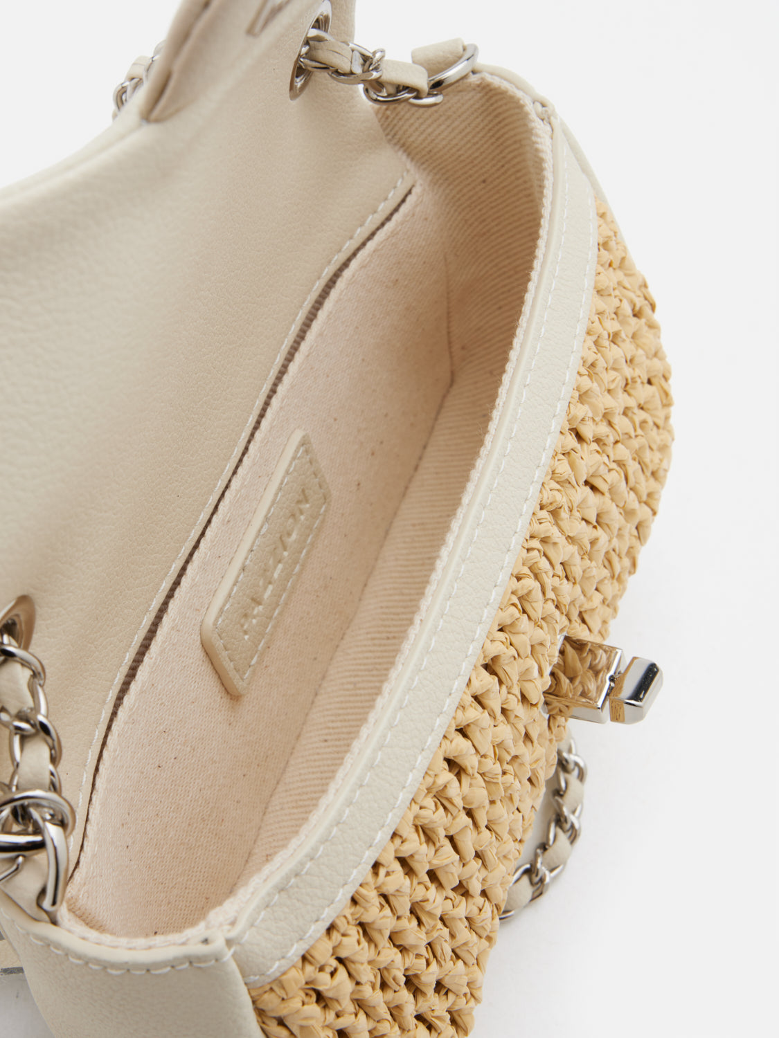 OLYRA Raffia Leather Chained Crossbody Bag - Beige