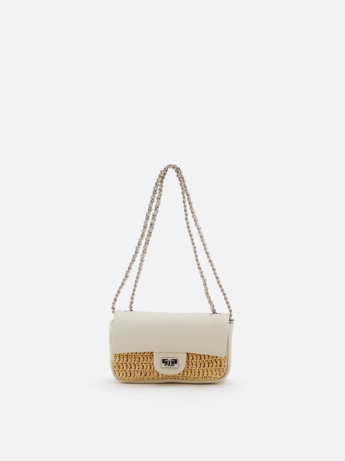 OLYRA Raffia Leather Chained Crossbody Bag - Beige
