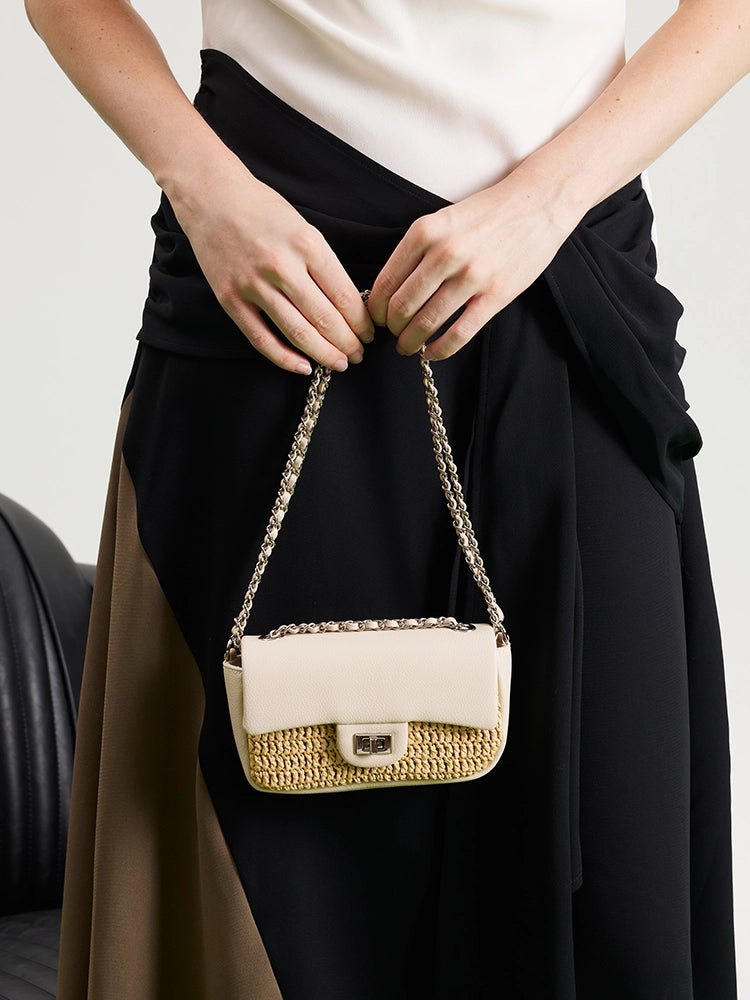 OLYRA Raffia Leather Chained Crossbody Bag - Beige