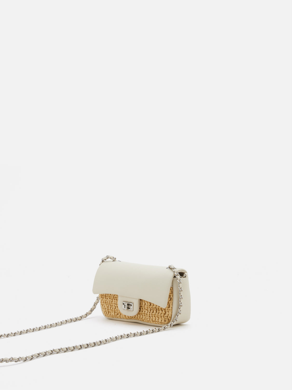 OLYRA Raffia Leather Chained Crossbody Bag - Beige