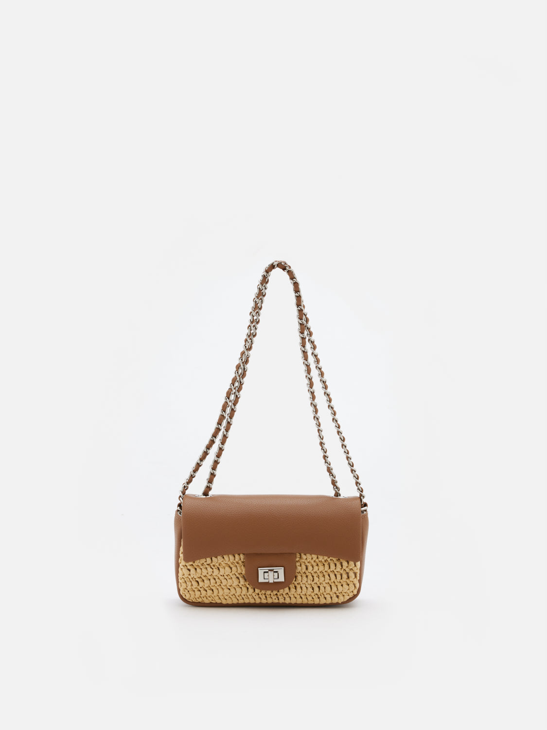 OLYRA  Raffia Leather Chained Crossbody Bag - Brown