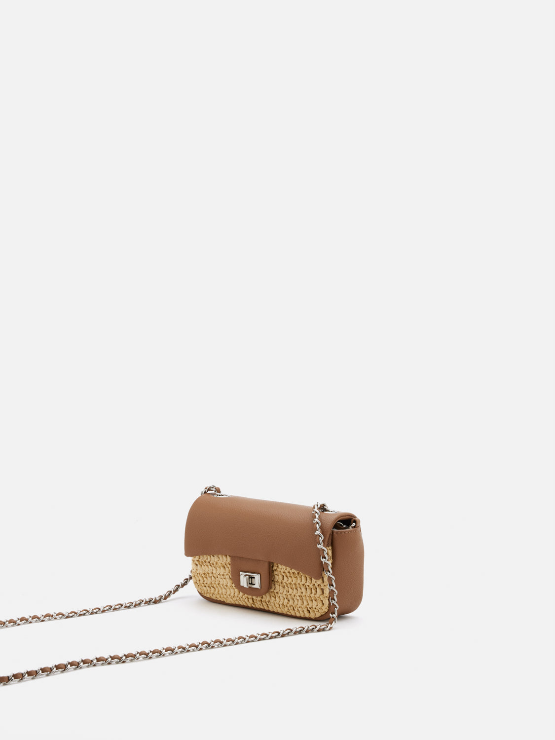 OLYRA  Raffia Leather Chained Crossbody Bag - Brown