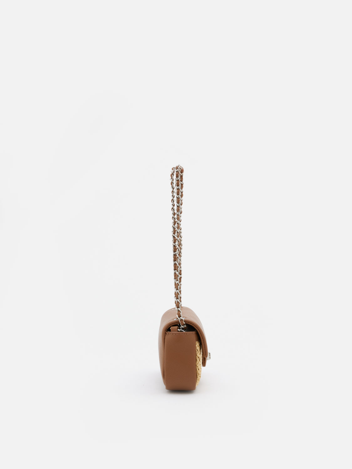 OLYRA  Raffia Leather Chained Crossbody Bag - Brown