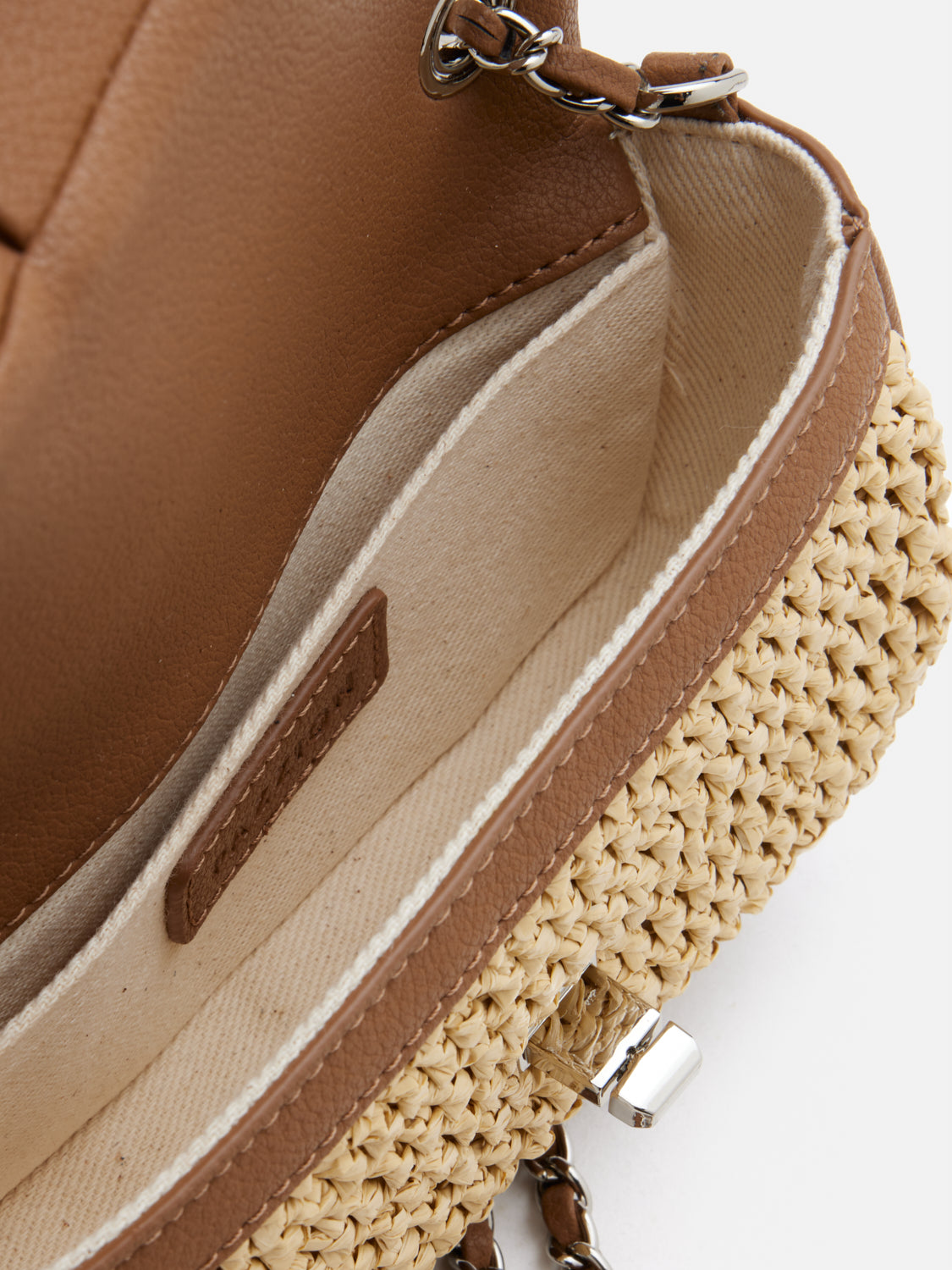 OLYRA  Raffia Leather Chained Crossbody Bag - Brown
