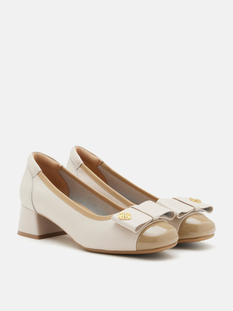OLYRA Leather Bow Low Block Heels - Almond