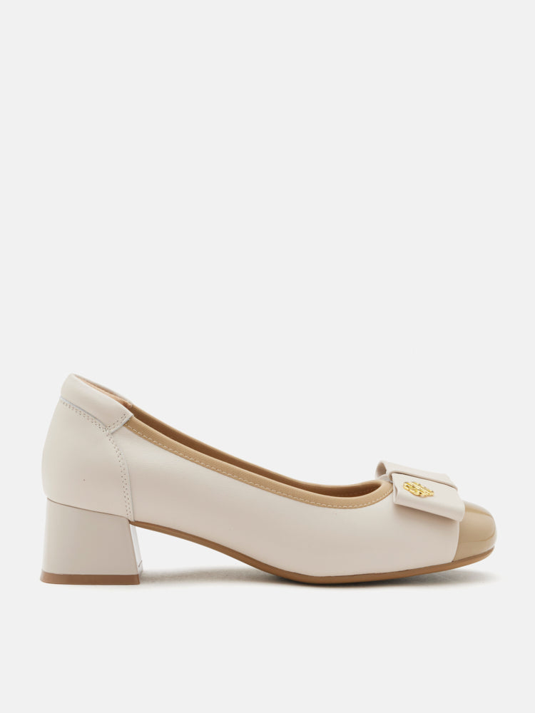 OLYRA Leather Bow Low Block Heels - Almond