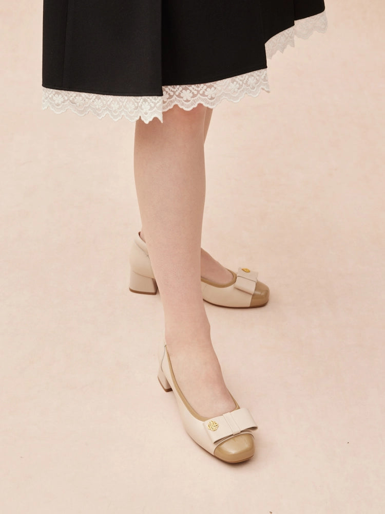 OLYRA Leather Bow Low Block Heels - Almond