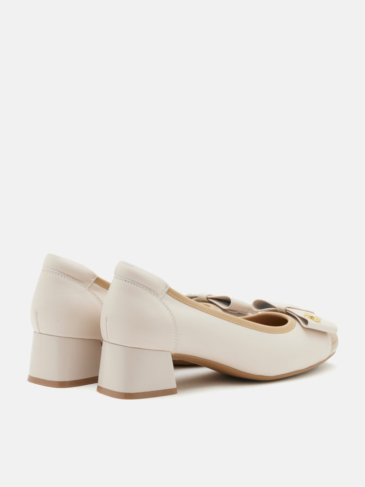 OLYRA Leather Bow Low Block Heels - Almond