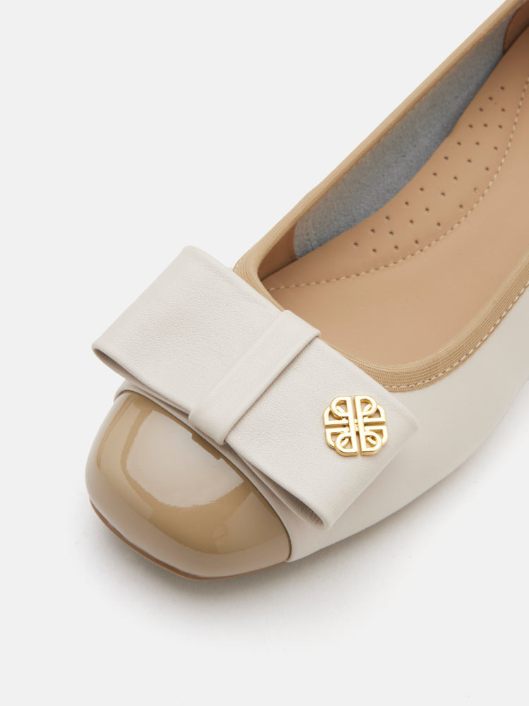 OLYRA Leather Bow Low Block Heels - Almond