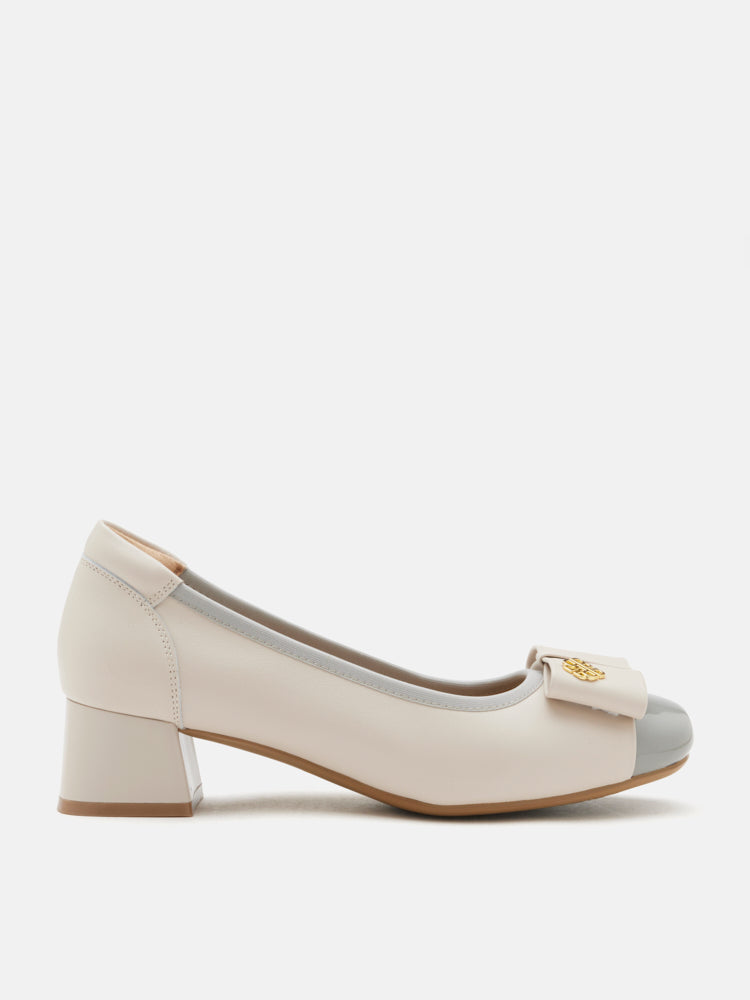 OLYRA Leather Bow Low Block Heels - Grey
