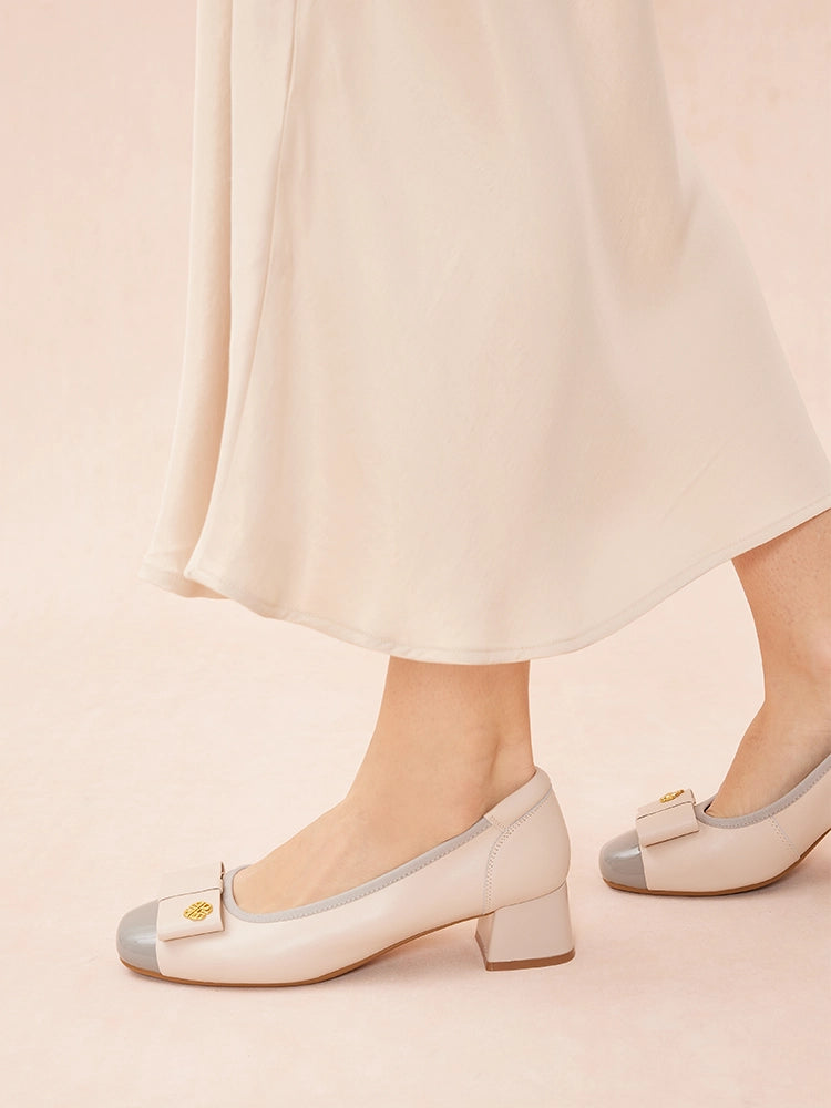 OLYRA Leather Bow Low Block Heels - Grey