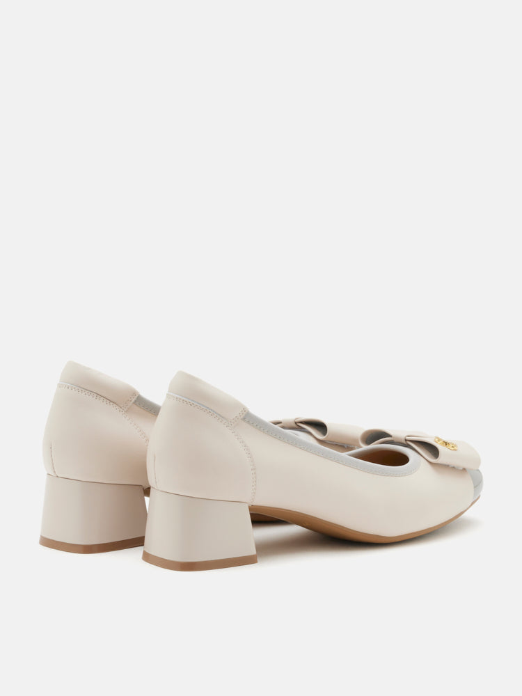 OLYRA Leather Bow Low Block Heels - Grey