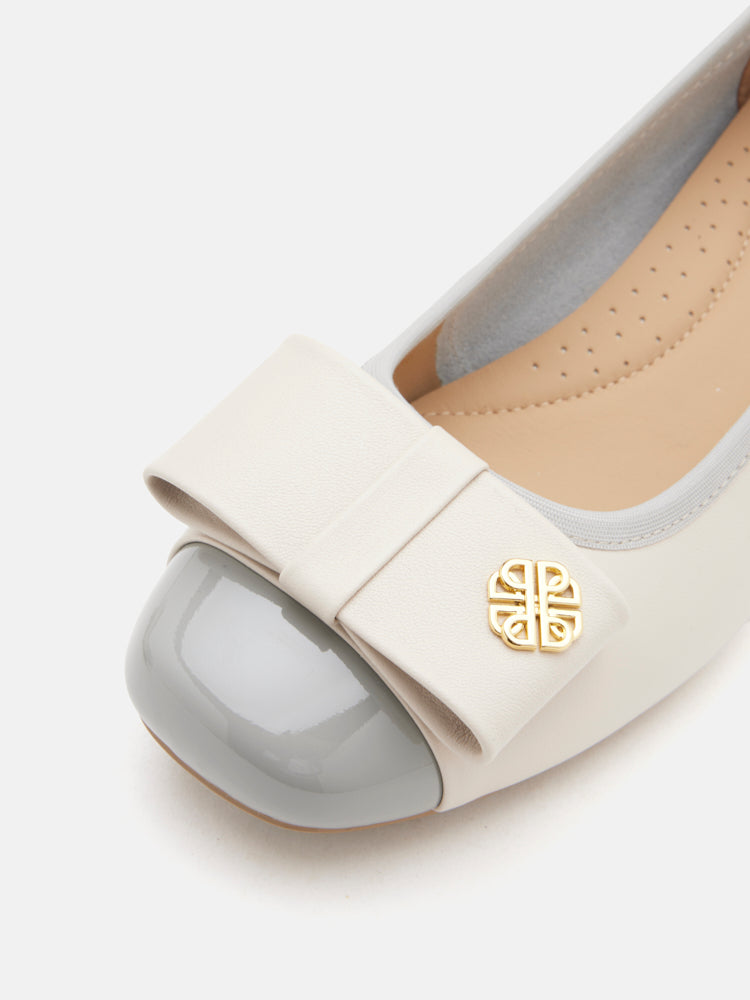 OLYRA Leather Bow Low Block Heels - Grey