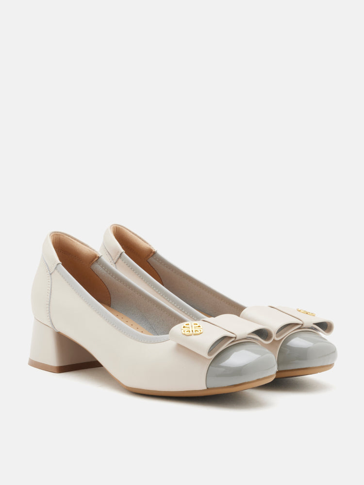 OLYRA Leather Bow Low Block Heels - Grey