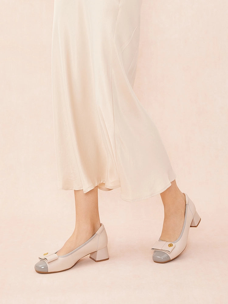 OLYRA Leather Bow Low Block Heels - Grey