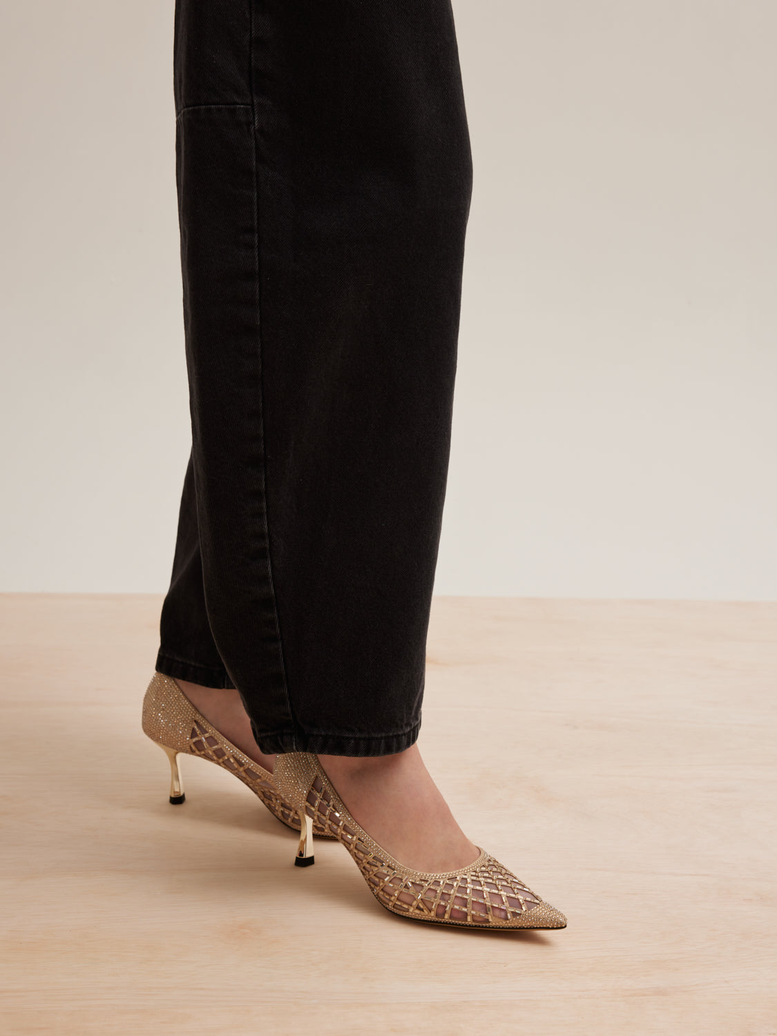 OLYRA Crystal Embellished Perforated Pointed Toe Heels - Gold