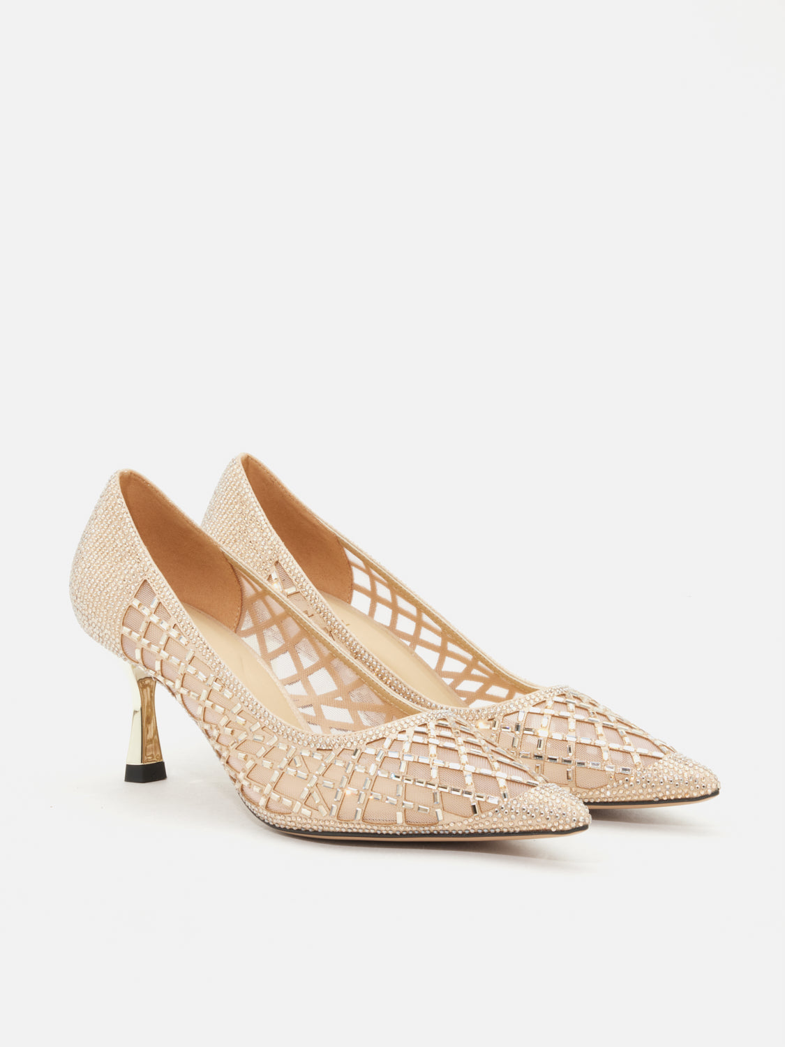 OLYRA Crystal Embellished Perforated Pointed Toe Heels - Gold