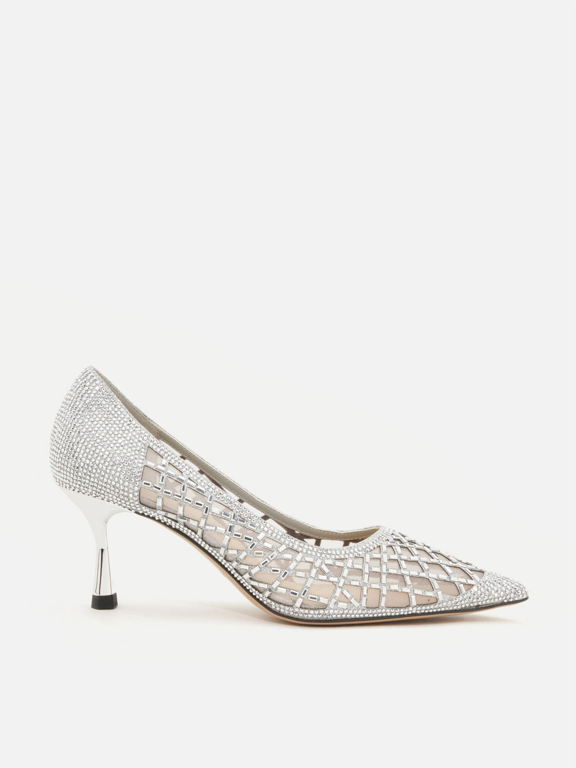 OLYRA Crystal Embellished Perforated Pointed Toe Heels - Silver