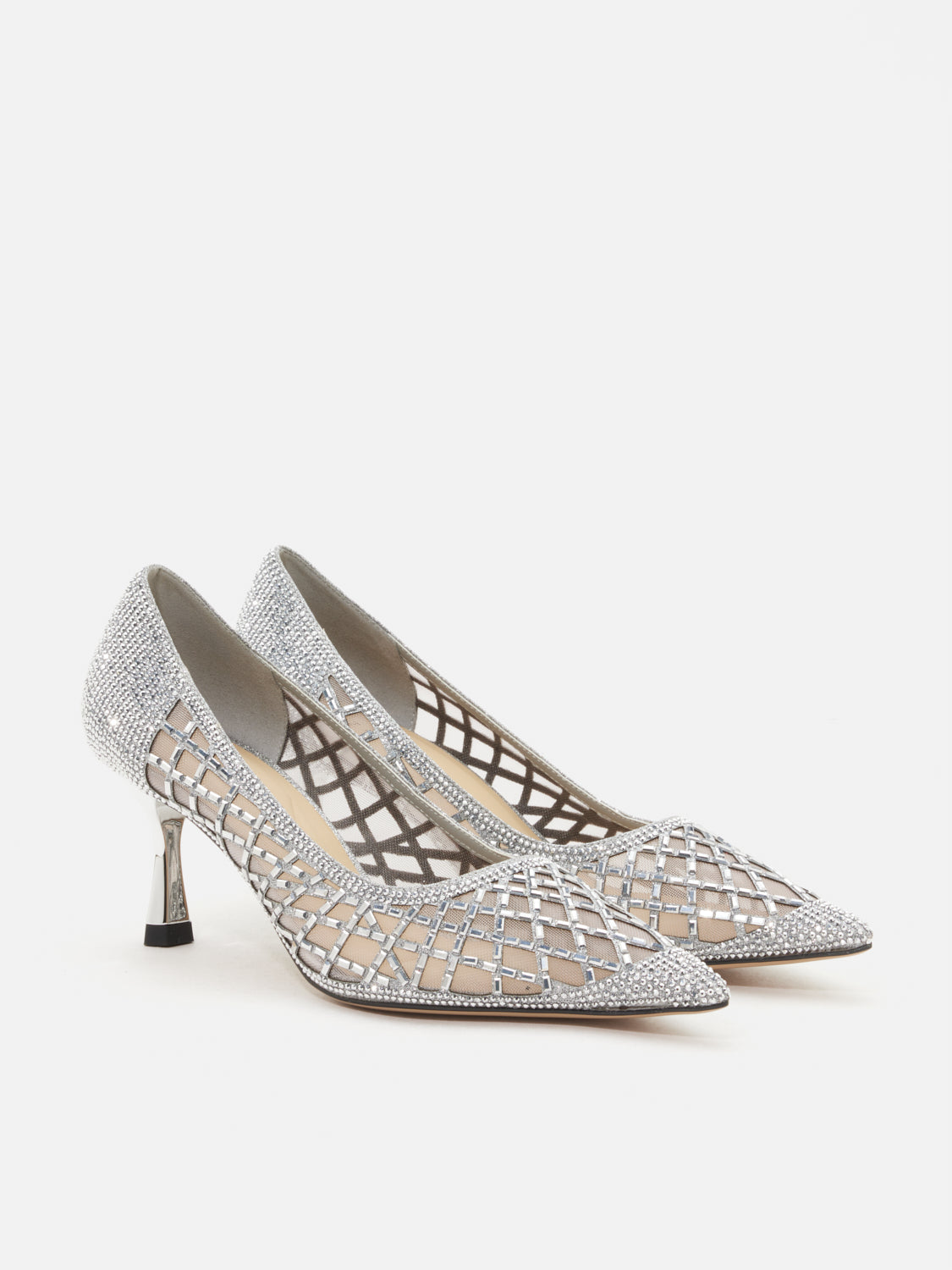 OLYRA Crystal Embellished Perforated Pointed Toe Heels - Silver