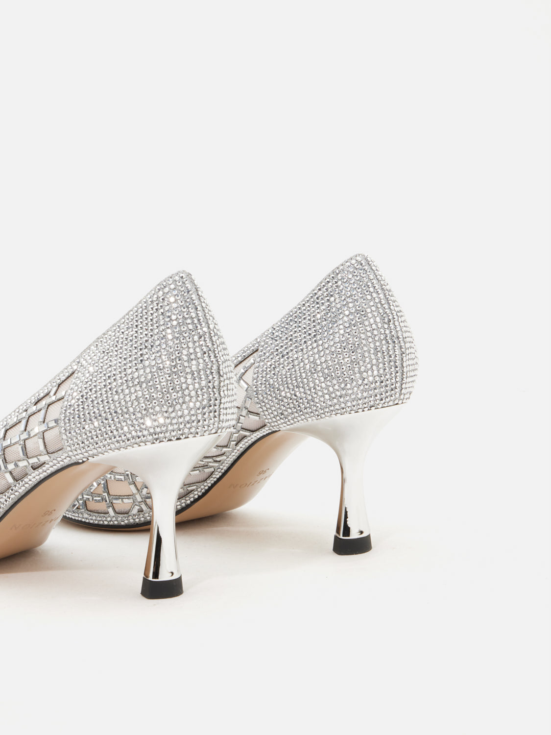 OLYRA Crystal Embellished Perforated Pointed Toe Heels - Silver