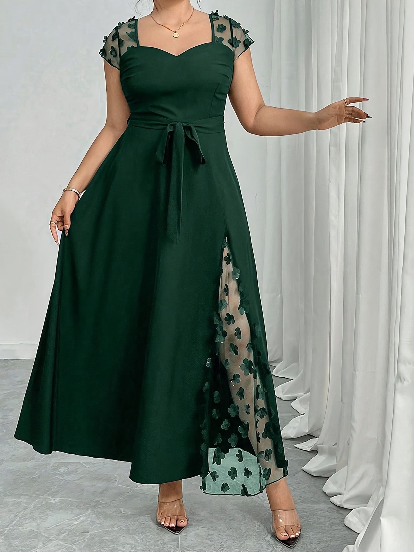 Women’s Elegant Jacquard Mesh Panelled Square-Neck Dress