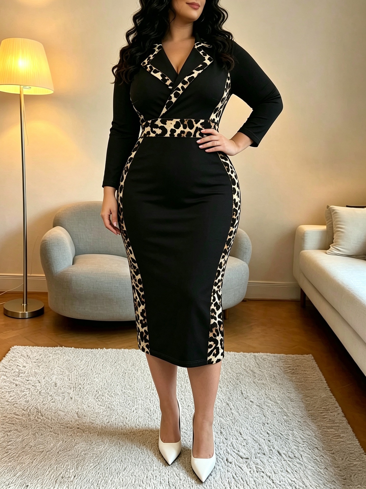 Women’s Elegant Leopard Print Panelled Polo-Collar Waist-Defined Bodycon Dress