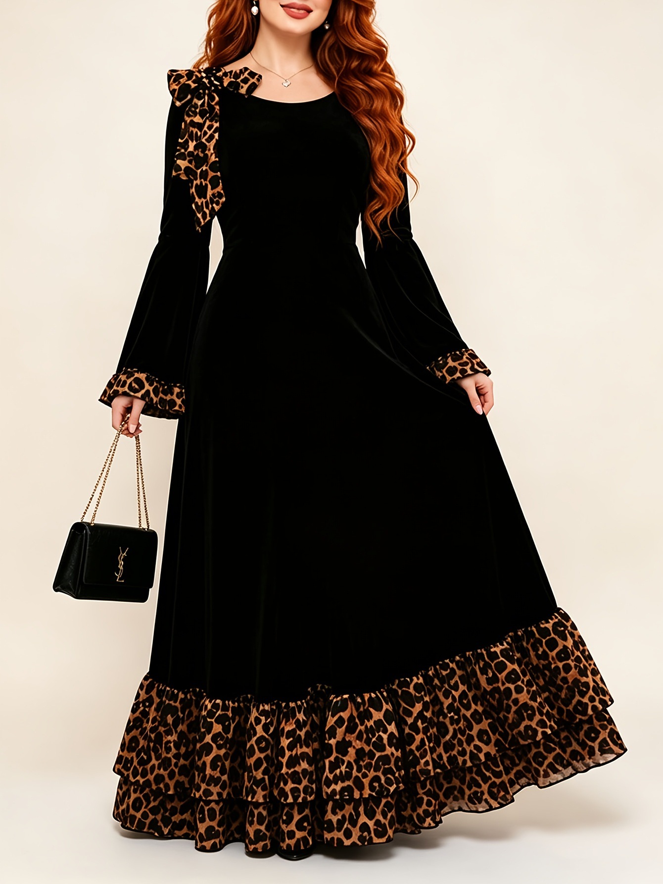 Women’s Elegant Leopard Print Panelled Velvet Midi Dress 
