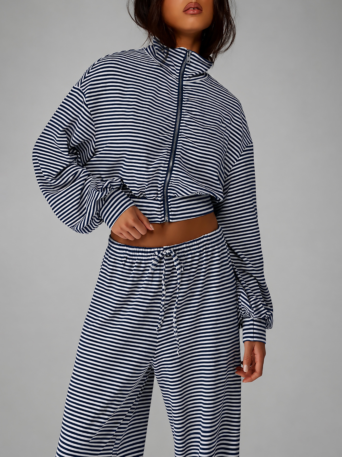 Women’s Autumn Two-Piece Set – Striped Zip-Up Stand-Collar Cardigan & Wide-Leg Trousers