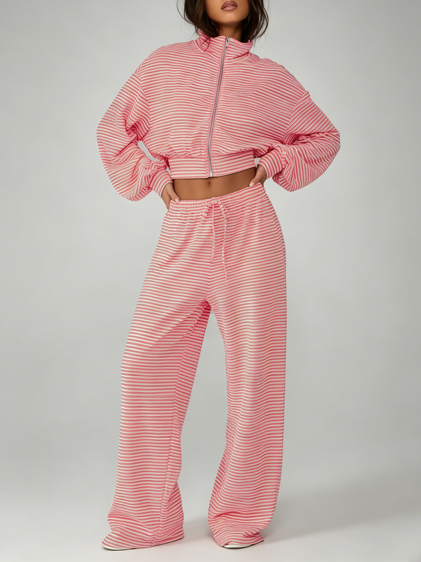 Women’s Autumn Two-Piece Set – Striped Zip-Up Stand-Collar Cardigan & Wide-Leg Trousers