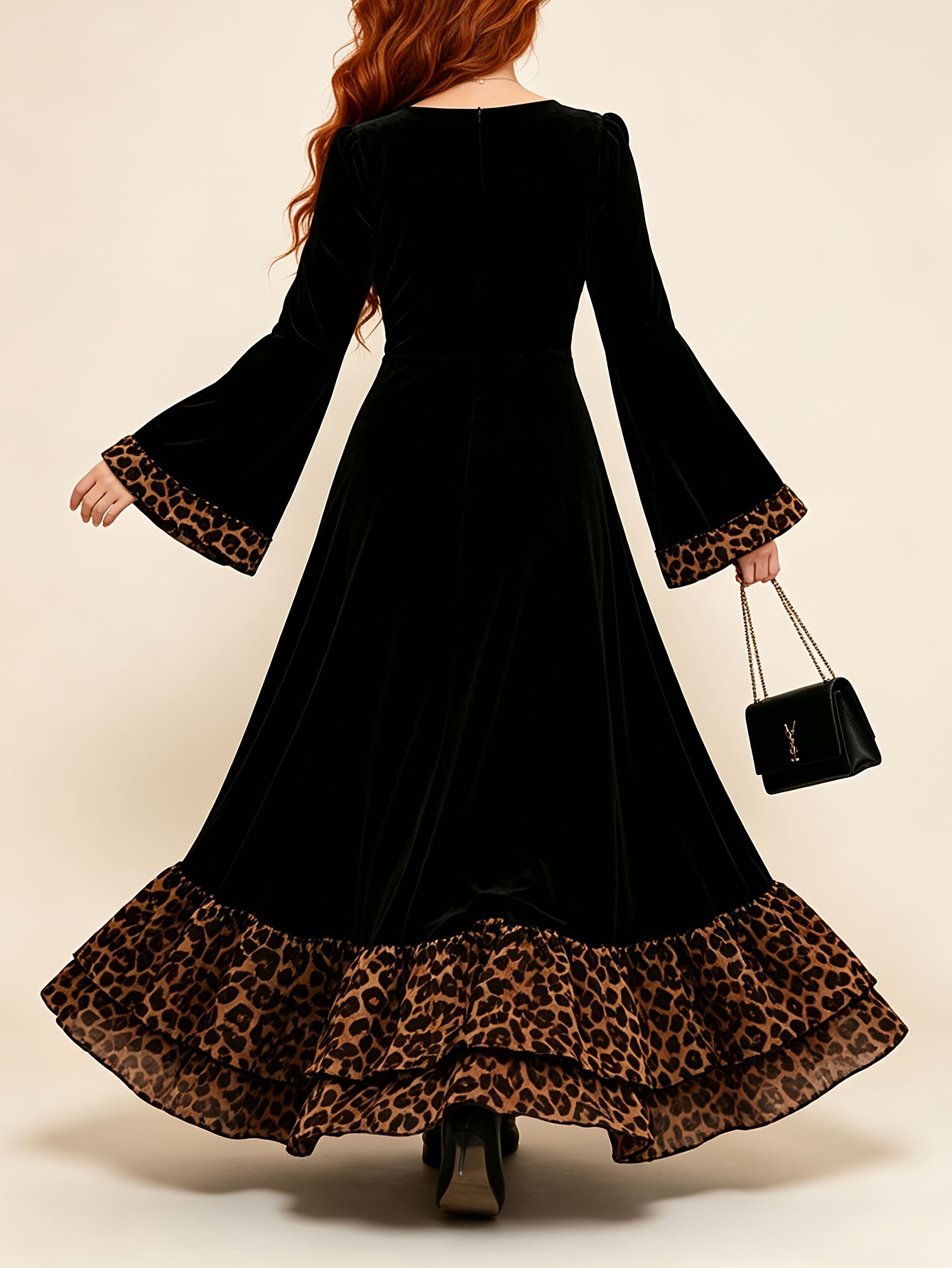 Women’s Elegant Leopard Print Panelled Velvet Midi Dress 