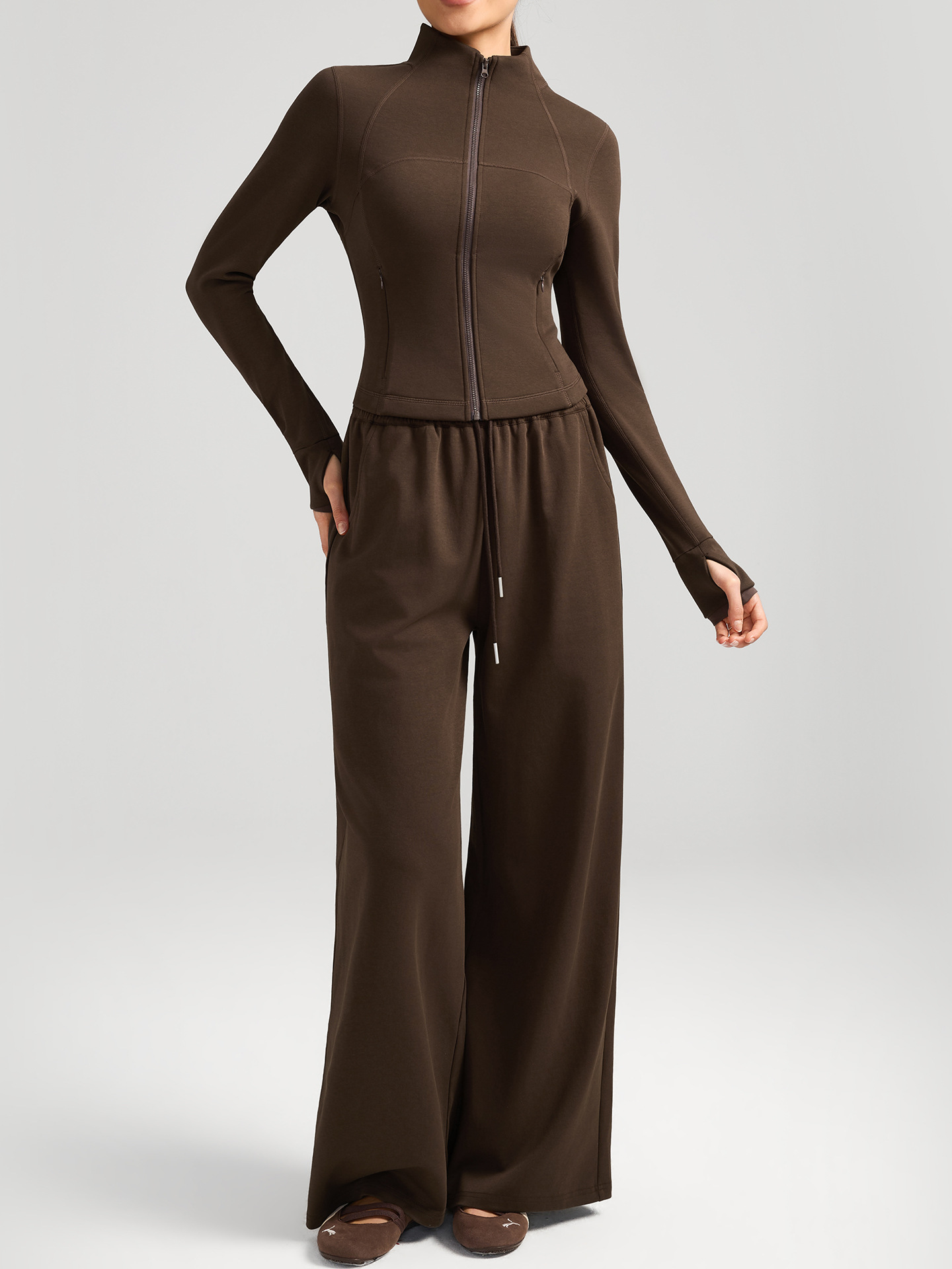 Women’s Autumn/Winter Two-Piece Set – Warm Windproof Jacket & High-Waisted Wide-Leg Trousers for Casual, Outdoor & Travel Wear