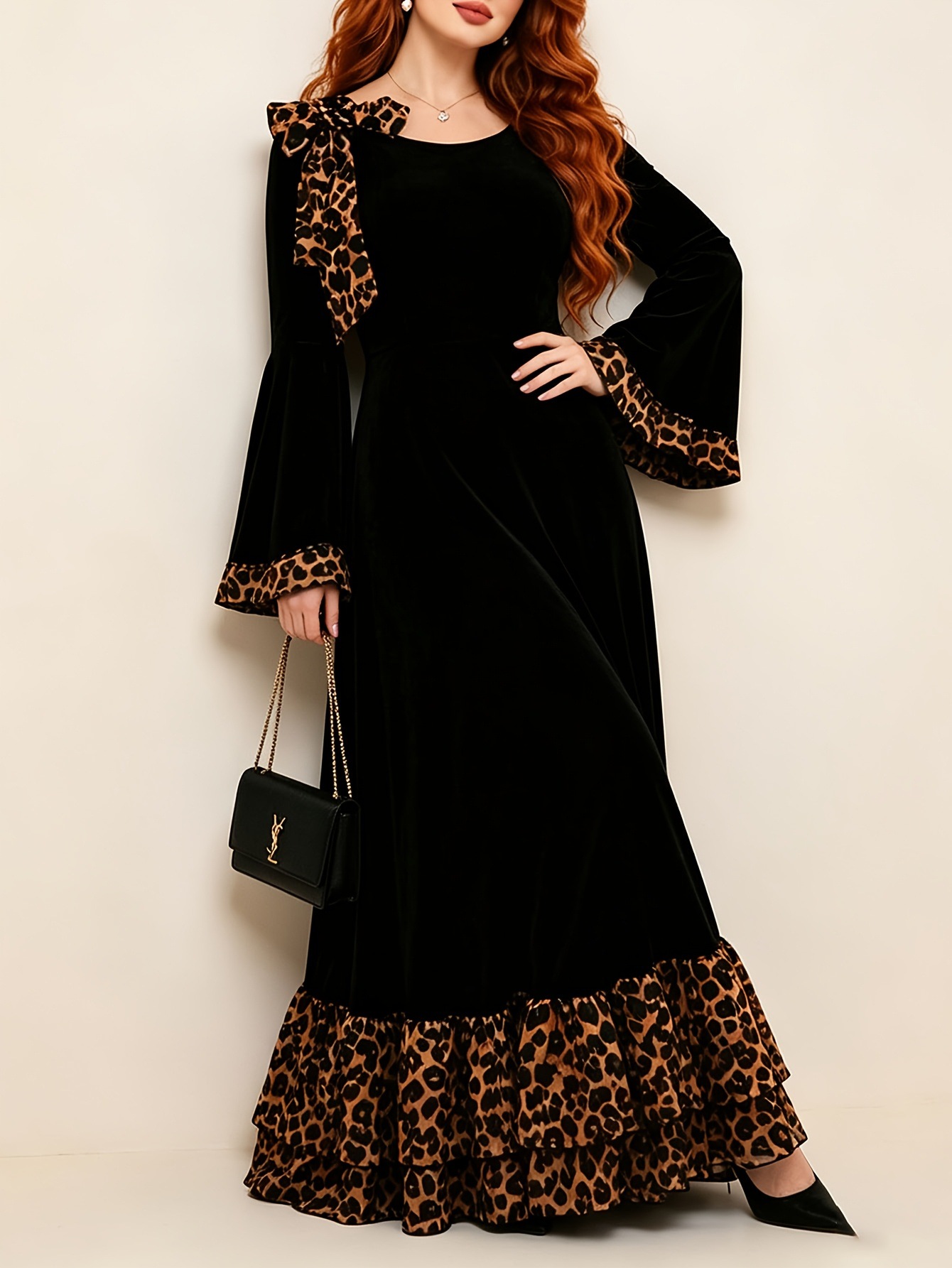 Women’s Elegant Leopard Print Panelled Velvet Midi Dress 