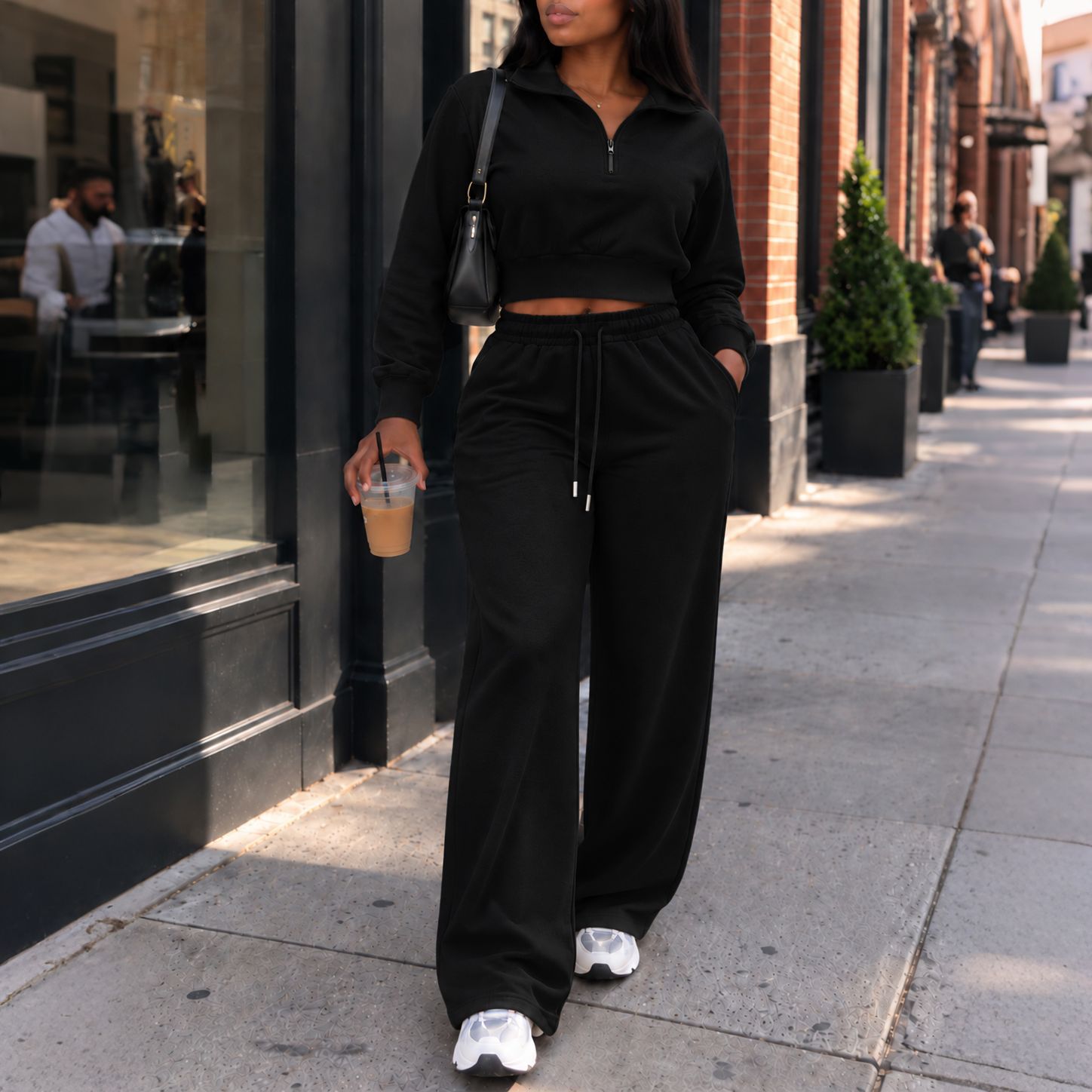 Women’s Autumn/Winter Two-Piece Set – Collared Sweatshirt & Drawstring Wide-Leg Trousers