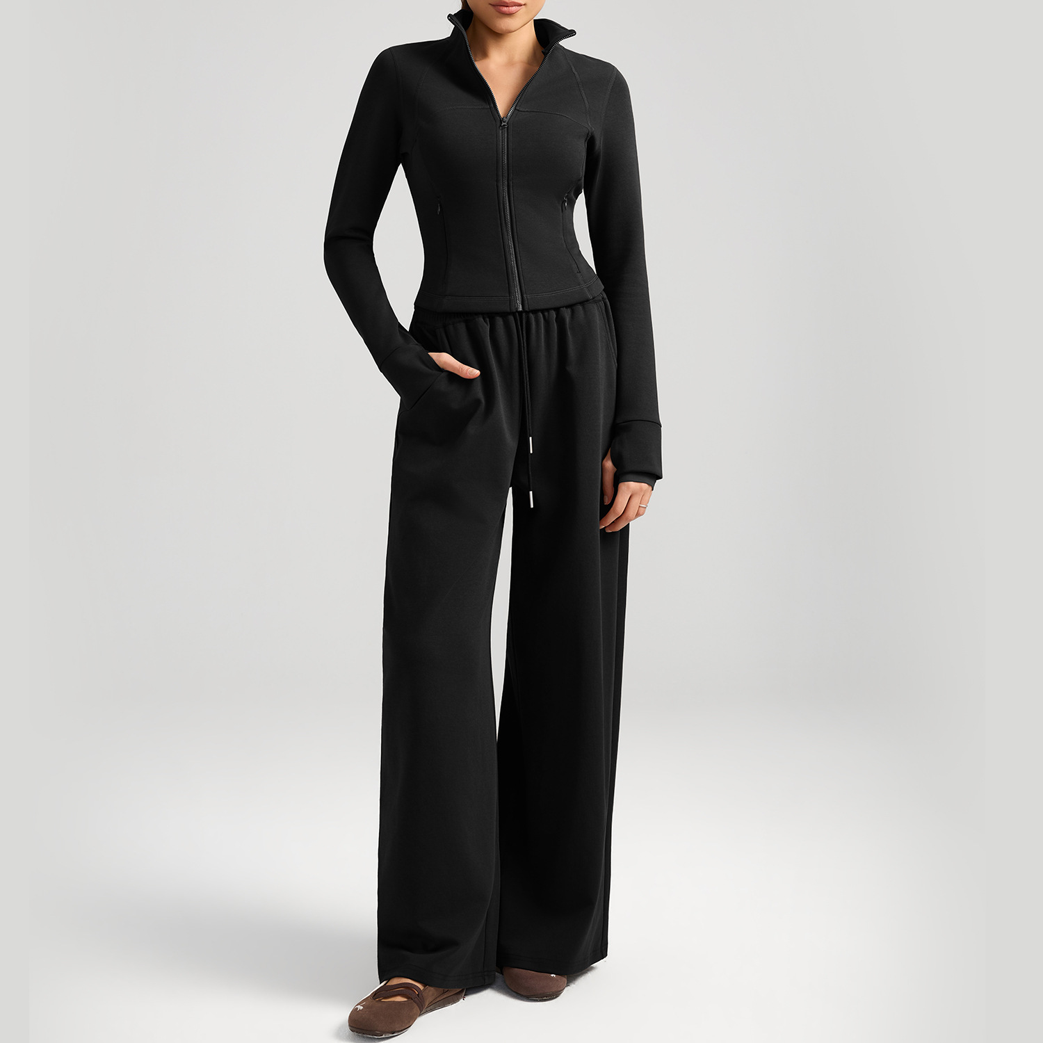 Women’s Autumn/Winter Two-Piece Set – Warm Windproof Jacket & High-Waisted Wide-Leg Trousers for Casual, Outdoor & Travel Wear