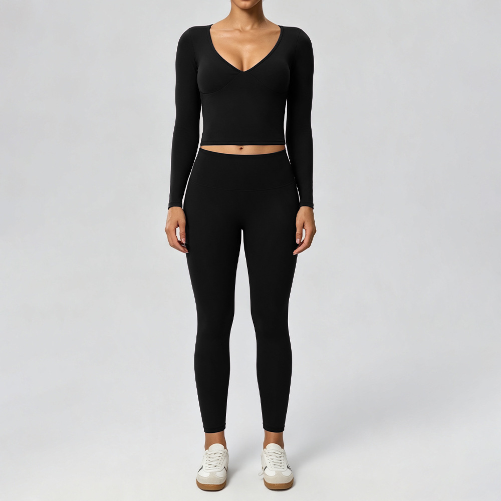Women’s Two-Piece Sports Set – Soft Double-Layer V-Neck Top & Slim-Fit Leggings for Fitness, Casual & Outdoor Wear