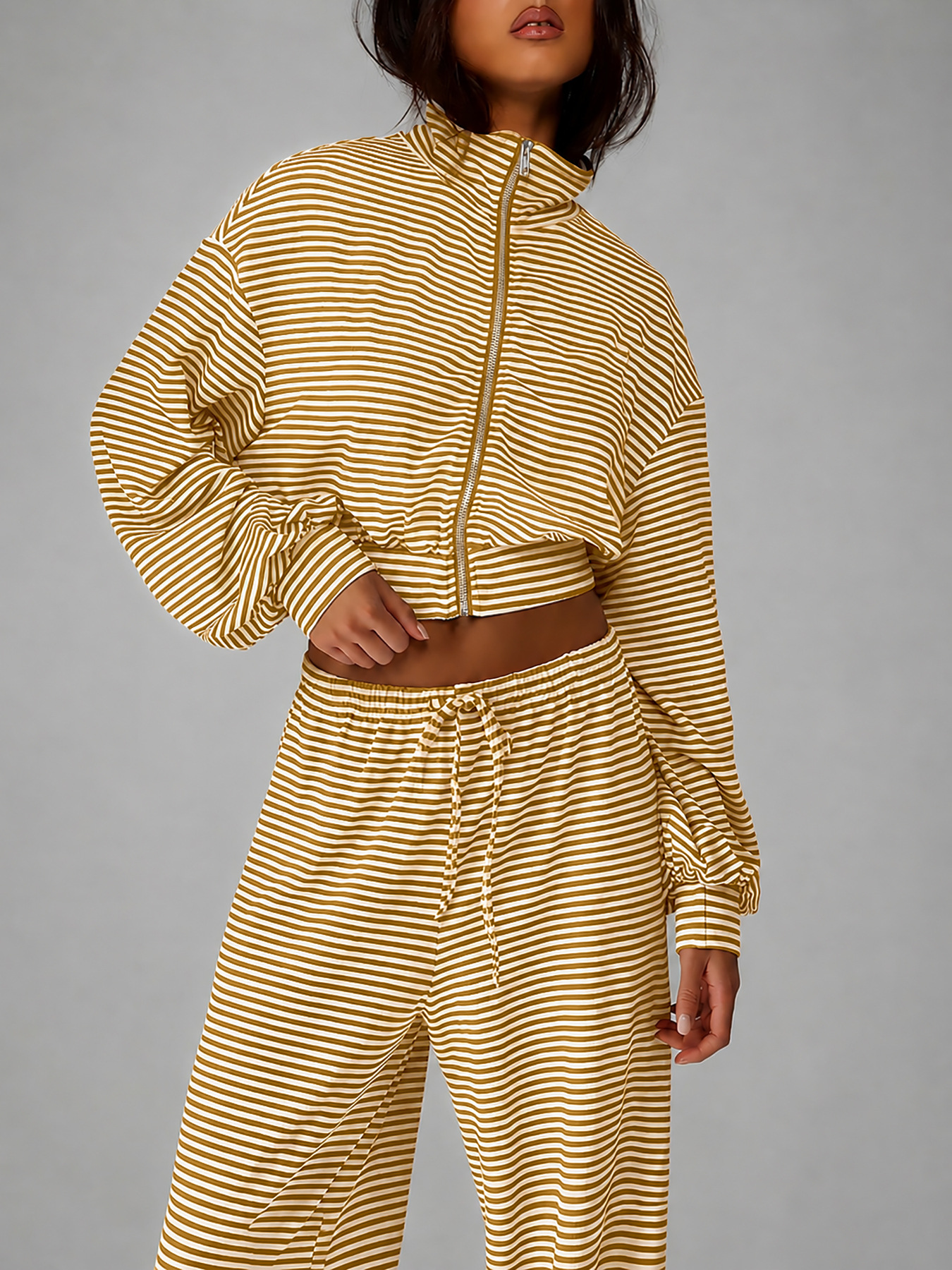 Women’s Autumn Two-Piece Set – Striped Zip-Up Stand-Collar Cardigan & Wide-Leg Trousers