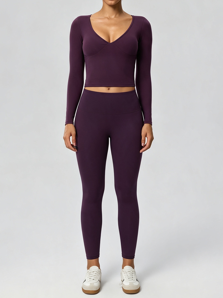 Women’s Two-Piece Sports Set – Soft Double-Layer V-Neck Top & Slim-Fit Leggings for Fitness, Casual & Outdoor Wear