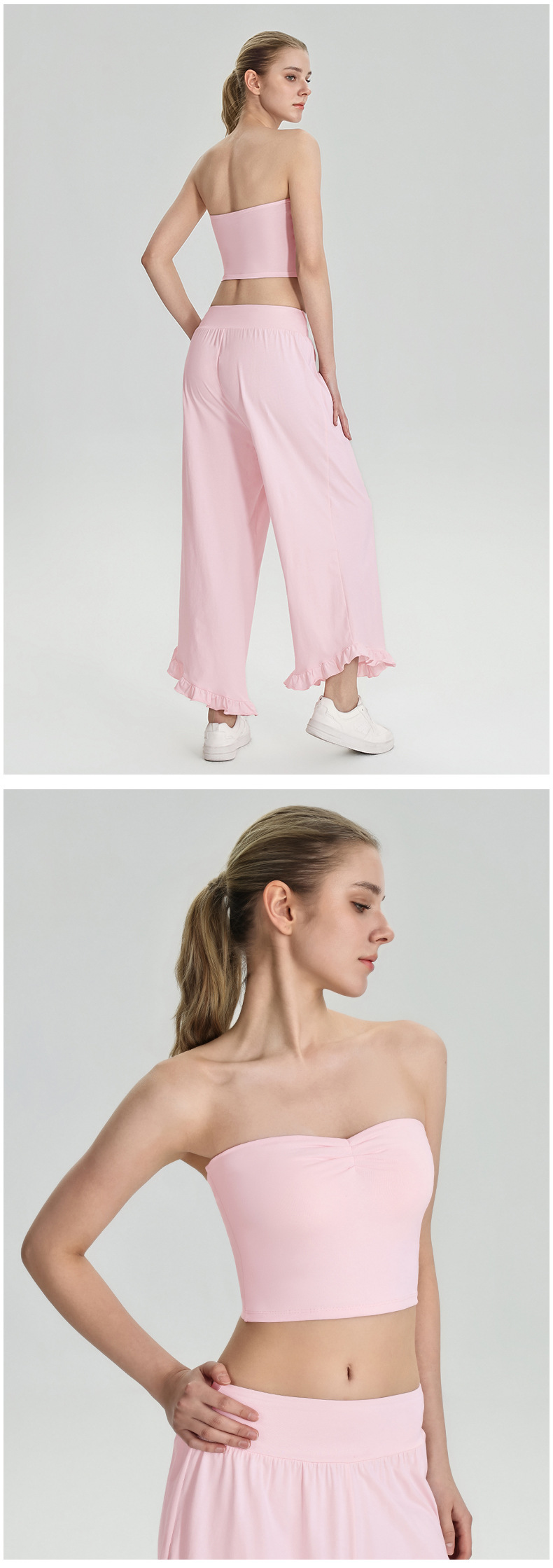 Women’s Two-Piece Sports Set – Non-Slip Bandeau Tank Top & Loose Wide-Leg Trousers for Casual, Fitness, Travel & Camping