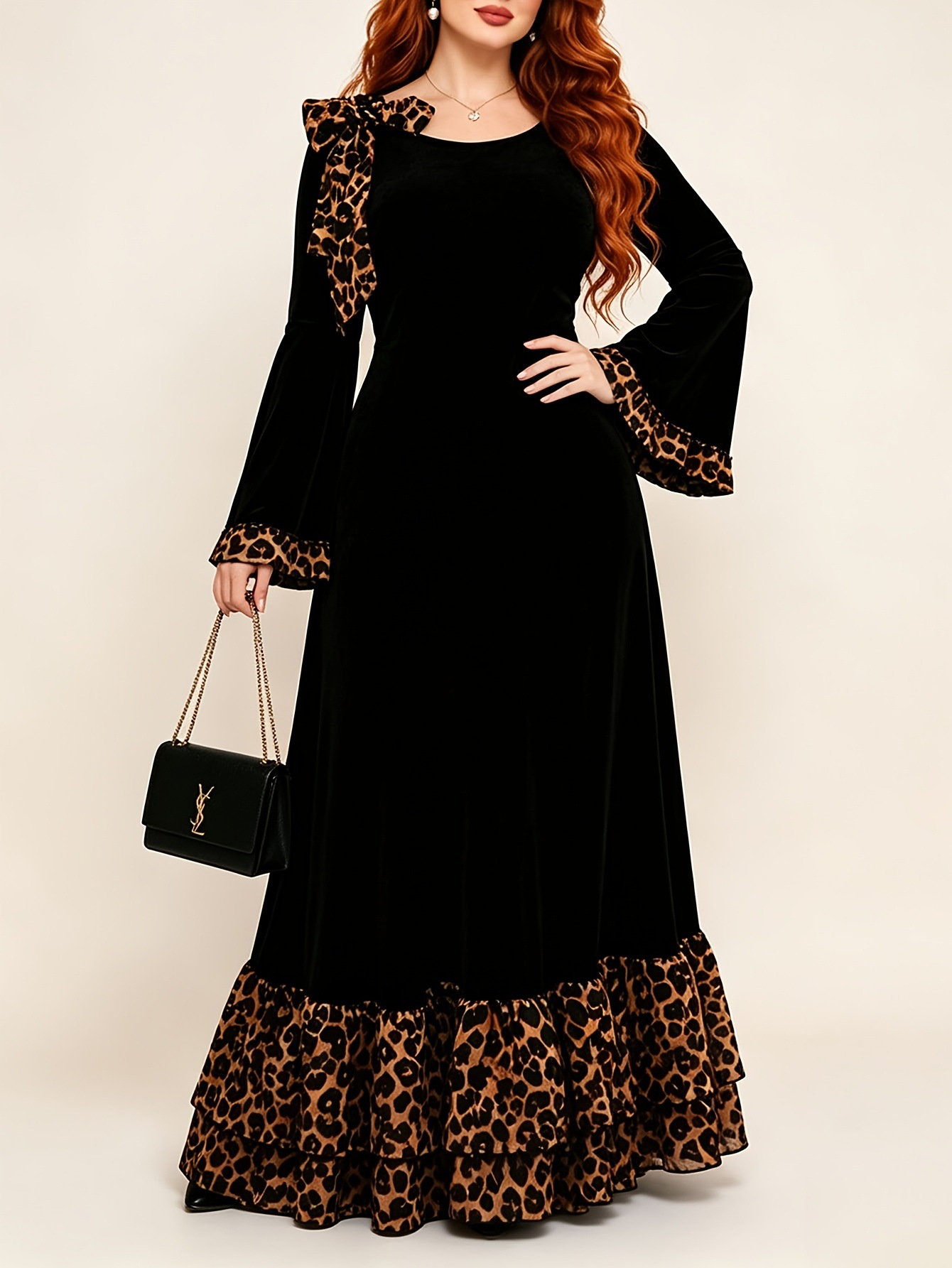 Women’s Elegant Leopard Print Panelled Velvet Midi Dress 
