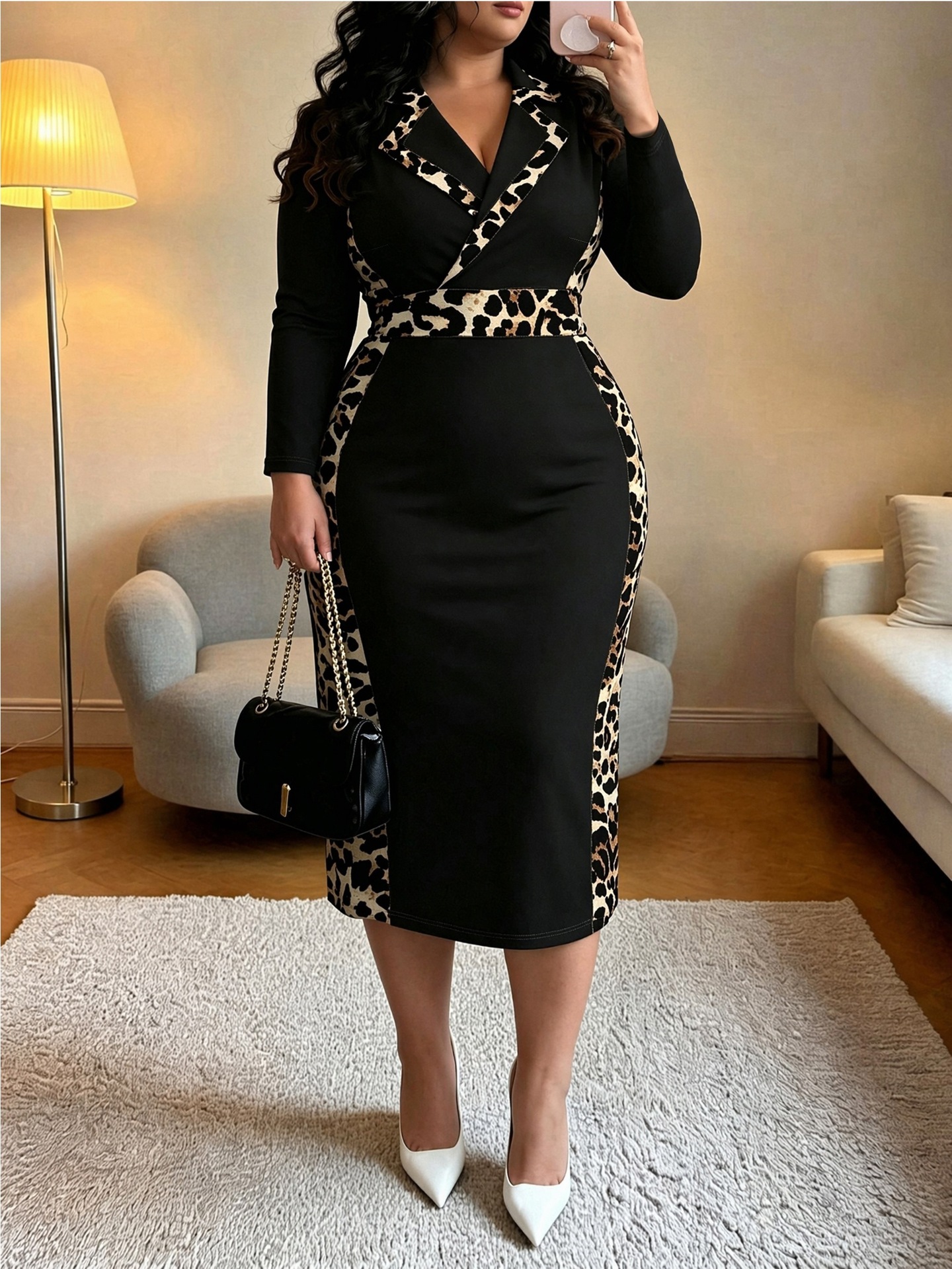 Women’s Elegant Leopard Print Panelled Polo-Collar Waist-Defined Bodycon Dress