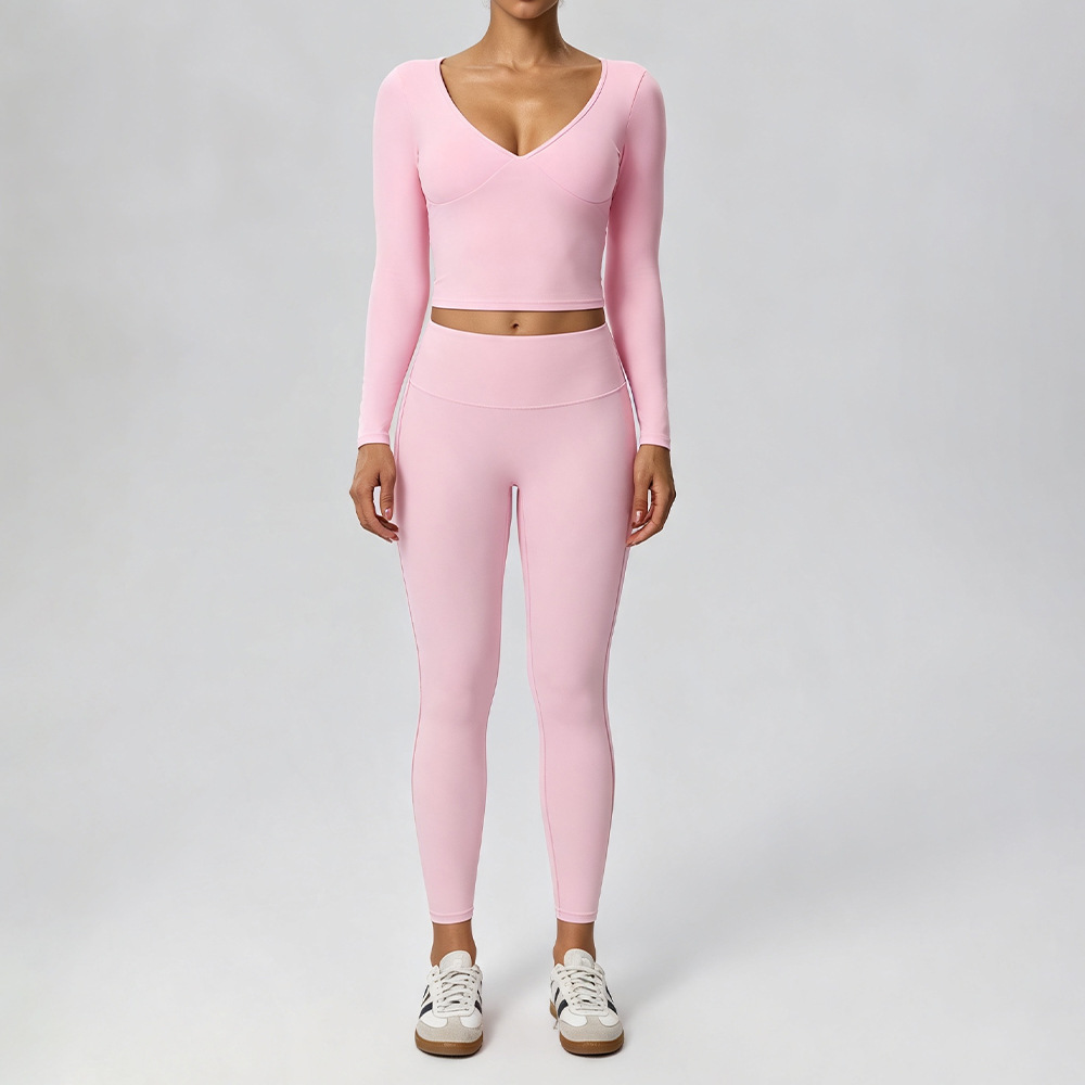 Women’s Two-Piece Sports Set – Soft Double-Layer V-Neck Top & Slim-Fit Leggings for Fitness, Casual & Outdoor Wear